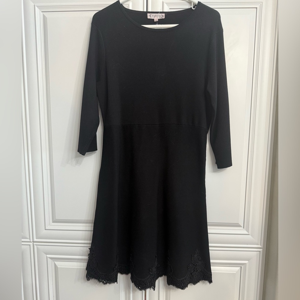 NWOT Nanette Lepore Size Large Long Sleeve Black Sweater Dress with Lace Accents